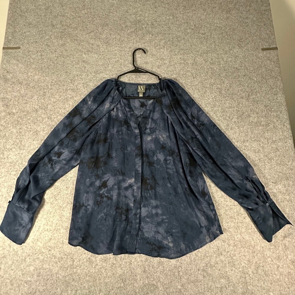 Worthington Blouse Womens Large Blue Tie Dye Long Sleeve V-Neck Pleated